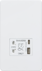 Knightsbridge SF8909MW Screwless Shaver Socket with Dual USB A+C (5V DC 2.4A Shared) - Matt White