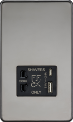 Knightsbridge SF8909BN Screwless Shaver Socket with Dual USB A+C (5V DC 2.4A Shared) - Black Nickel