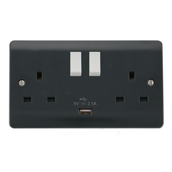 Click® Scolmore Mode Part M™ CMA770AG 13A 2 Gang Switched Socket With 2.1A USB Outlet (Twin Earth) Anthracite Grey  Insert