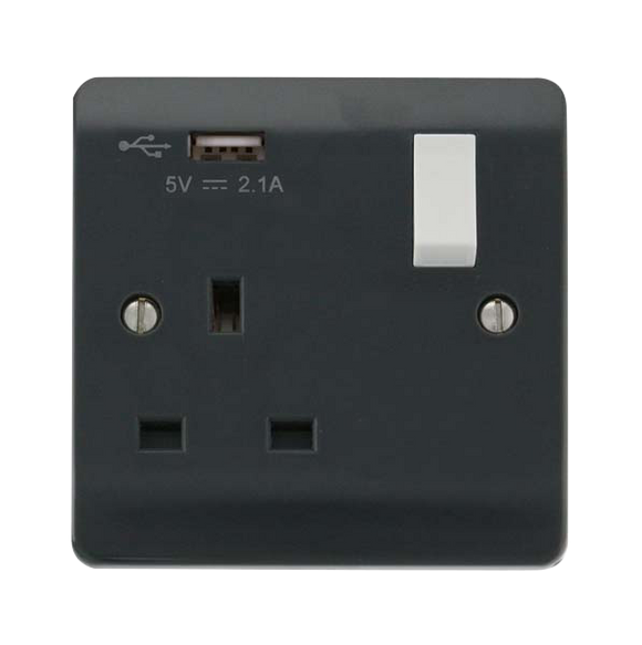 Click® Scolmore Mode Part M™ CMA771UAG 13A 1 Gang Switched Socket With 2.1A USB Outlet (Twin Earth) Anthracite Grey  Insert