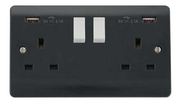 Click® Scolmore Mode Part M™ CMA780AG 13A 2 Gang Switched Socket With Twin 2.1A USB Outlets (4.2A) (Twin Earth) Anthracite Grey  Insert