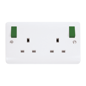 Click® Scolmore Mode® Accessories CMA836PWGR 13A 2 Gang DP Switched Socket With Outboard Green Rockers (Twin Earth) Polar White N/A Insert