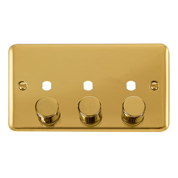 Click® Scolmore Deco Plus® DPBR153PL 3 Gang Dimmer Plate & Knobs (1200W Max) - 3 Apertures Polished Brass  Insert