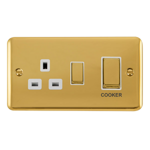 Click® Scolmore Deco Plus® DPBR504WH 45A Ingot 2 Gang DP Switch With 13A DP Switched Socket  Polished Brass White Insert