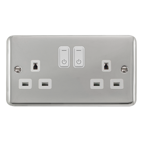 Click® Scolmore Click Smart+ DPCH30536WH 13A Ingot 2 Gang Zigbee Smart Switched Socket Outlet Polished Chrome White Insert