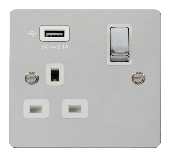 Click® Scolmore Define® FPCH571UWH 13A Ingot 1 Gang Switched Socket With 2.1A USB Outlet (Twin Earth) Polished Chrome White Insert