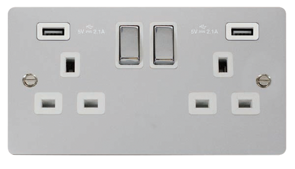 Click® Scolmore Define® FPCH580WH 13A Ingot 2 Gang Switched Socket With Twin 2.1A USB Outlets (4.2A) (Twin Earth) Polished Chrome White Insert