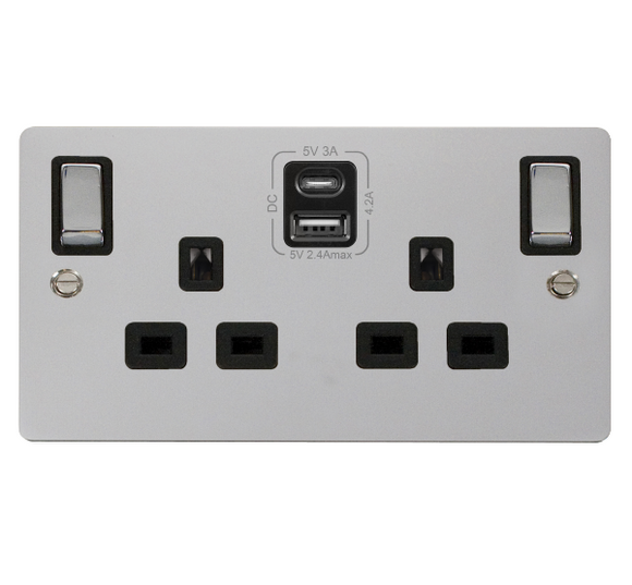 Click® Scolmore Define® FPCH586BK 13A Ingot 2 Gang Switched Safety Shutter Socket Outlet With Type A & C USB (4.2A) Outlets (Twin Earth) Polished Chrome Black Insert