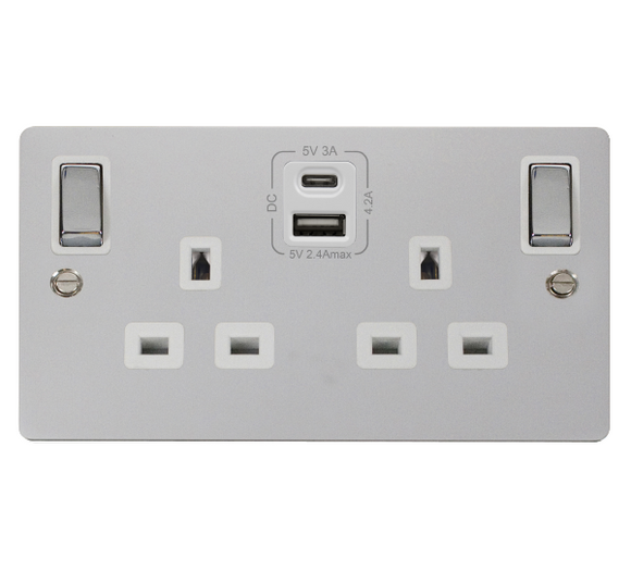 Click® Scolmore Define® FPCH586WH 13A Ingot 2 Gang Switched Safety Shutter Socket Outlet With Type A & C USB (4.2A) Outlets (Twin Earth) Polished Chrome White Insert