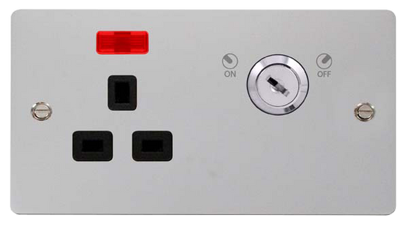 Click® Scolmore Define® FPCH655BK 13A Ingot 1 Gang DP Key Lockable Socket With Neon Polished Chrome Black Insert