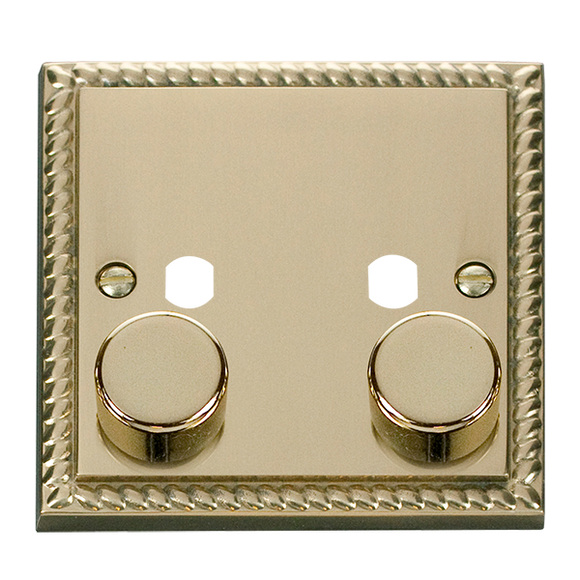 Click® Scolmore Deco® GCBR152PL 2 Gang Dimmer Plate & Knobs (800W Max) - 2 Apertures Polished Brass  Insert