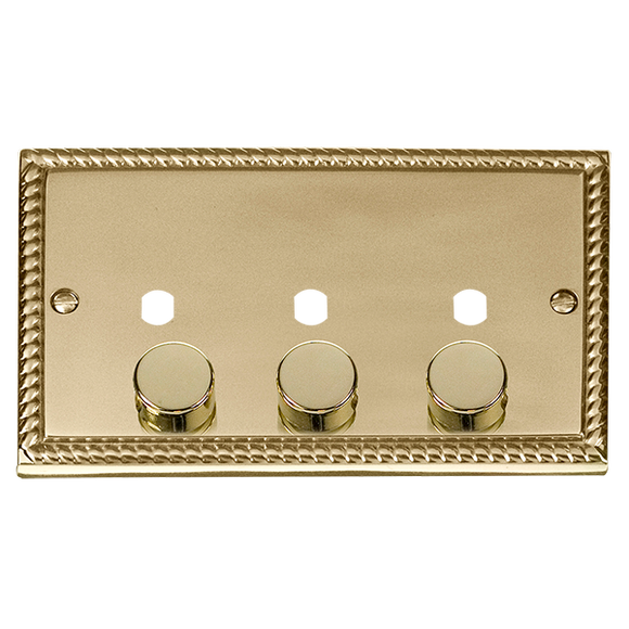 Click® Scolmore Deco® GCBR153PL 3 Gang Dimmer Plate & Knobs (1200W Max) - 3 Apertures Polished Brass  Insert