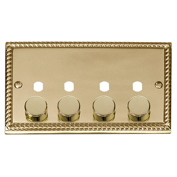 Click® Scolmore Deco® GCBR154PL 4 Gang Dimmer Plate & Knobs (1600W Max) - 4 Apertures Polished Brass  Insert