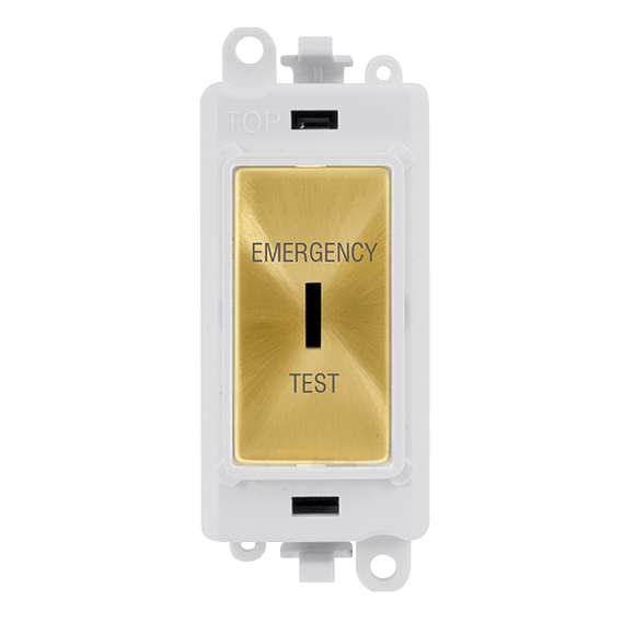 Click® Scolmore GridPro® GM2046PWSBET 20AX Double Pole Keyswitch 'Emergency Test' - White - Satin Brass Satin Brass Polar White Insert