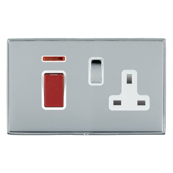 Hamilton LD45SS1BC-BSW Linea-Duo CFX Bright Chrome Frame/Bright Steel Front 45A Double Pole Rocker + Neon + 13A Switched Socket Red+Bright Chrome/White Insert - www.fancysockets.shop