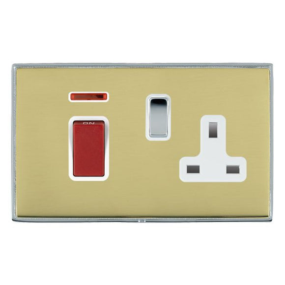 Hamilton LD45SS1BC-PBW Linea-Duo CFX Bright Chrome Frame/Polished Brass Front 45A Double Pole Rocker + Neon + 13A Switched Socket Red+Bright Chrome/White Insert - www.fancysockets.shop