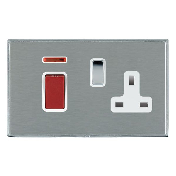 Hamilton LD45SS1BC-SSW Linea-Duo CFX Bright Chrome Frame/Satin Steel Front 45A Double Pole Rocker + Neon + 13A Switched Socket Red+Bright Chrome/White Insert - www.fancysockets.shop