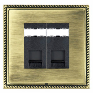 Hamilton LGX2J12AB-ABB Linea-Georgian CFX Antique Brass Frame/Antique Brass Front 2 gang RJ12 Outlet - Unshielded Black Insert