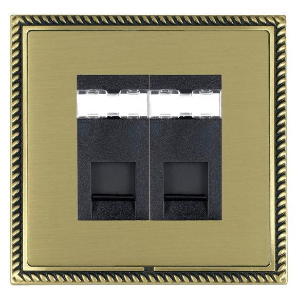 Hamilton LGX2J12AB-SBB Linea-Georgian CFX Antique Brass Frame/Satin Brass Front 2 gang RJ12 Outlet - Unshielded Black Insert