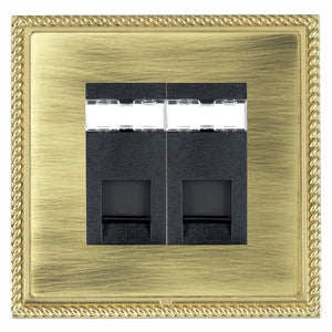 Hamilton LGX2J12PB-ABB Linea-Georgian CFX Polished Brass Frame/Antique Brass Front 2 gang RJ12 Outlet - Unshielded Black Insert