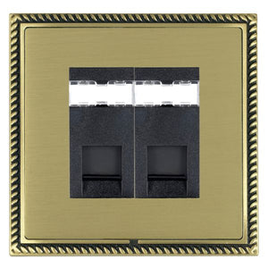 Hamilton LGX2J45AB-SBB Linea-Georgian CFX Antique Brass Frame/Satin Brass Front 2 gang RJ45 CAT 5E Outlet - Unshielded Black Insert