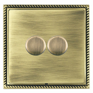 Hamilton LGX2X40AB-AB Linea-Georgian CFX Antique Brass Frame/Antique Brass Front 2x400W Resistive Leading Edge Push On-Off Rotary 2 Way Switching Dimmers max 300W per gang Antique Brass Insert