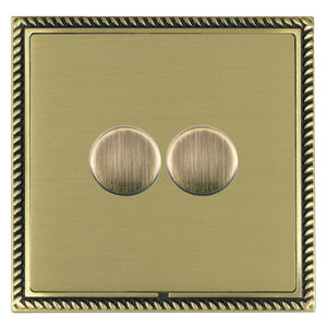 Hamilton LGX2X40AB-SB Linea-Georgian CFX Antique Brass Frame/Satin Brass Front 2x400W Resistive Leading Edge Push On-Off Rotary 2 Way Switching Dimmers max 300W per gang Antique Brass Insert