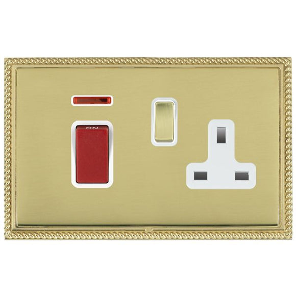 Hamilton LGX45SS1PB-PBW Linea-Georgian CFX Polished Brass Frame/Polished Brass Front 45A Double Pole Rocker + Neon + 13A Switched Socket Red+Polished Brass/White Insert