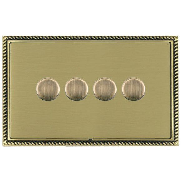 Hamilton LGX4X40AB-SB Linea-Georgian CFX Antique Brass Frame/Satin Brass Front 4x400W Resistive Leading Edge Push On-Off Rotary 2 Way Switching Dimmers max 300W per gang Antique Brass Insert