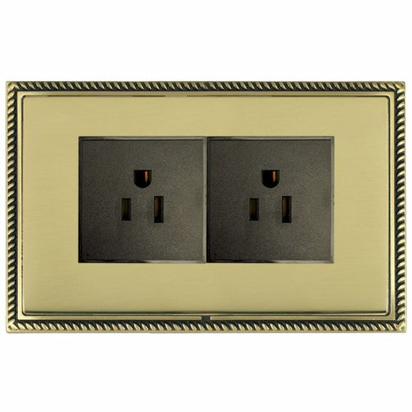 Hamilton LGX5320AB-PBB Linea-Georgian CFX Antique Brass Frame/Polished Brass Front 2 gang 15A 110V AC American Unswitched Socket Black Insert