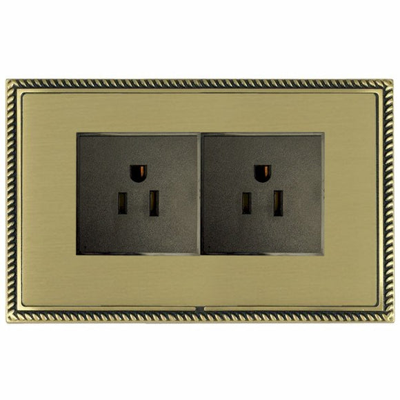 Hamilton LGX5320AB-SBB Linea-Georgian CFX Antique Brass Frame/Satin Brass Front 2 gang 15A 110V AC American Unswitched Socket Black Insert