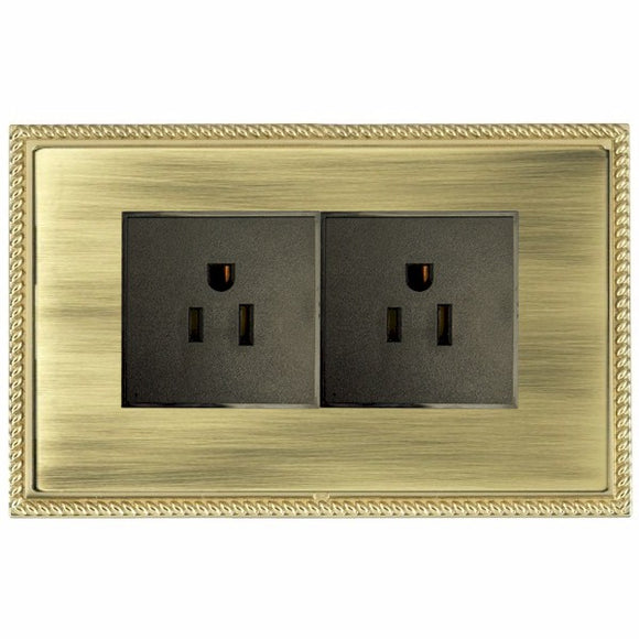 Hamilton LGX5320PB-ABB Linea-Georgian CFX Polished Brass Frame/Antique Brass Front 2 gang 15A 110V AC American Unswitched Socket Black Insert