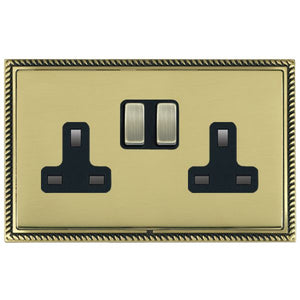 Hamilton LGXSS2AB-PBB Linea-Georgian CFX Antique Brass Frame/Polished Brass Front 2 gang 13A Double Pole Switched Socket Antique Brass/Black Insert