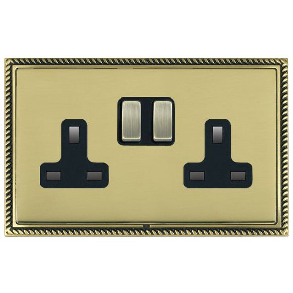 Hamilton LGXSS2AB-PBB Linea-Georgian CFX Antique Brass Frame/Polished Brass Front 2 gang 13A Double Pole Switched Socket Antique Brass/Black Insert