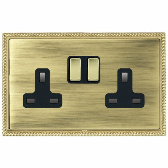 Hamilton LGXSS2PB-ABB Linea-Georgian CFX Polished Brass Frame/Antique Brass Front 2 gang 13A Double Pole Switched Socket Polished Brass/Black Insert