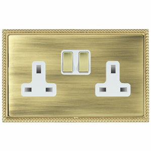 Hamilton LGXSS2PB-ABW Linea-Georgian CFX Polished Brass Frame/Antique Brass Front 2 gang 13A Double Pole Switched Socket Polished Brass/White Insert