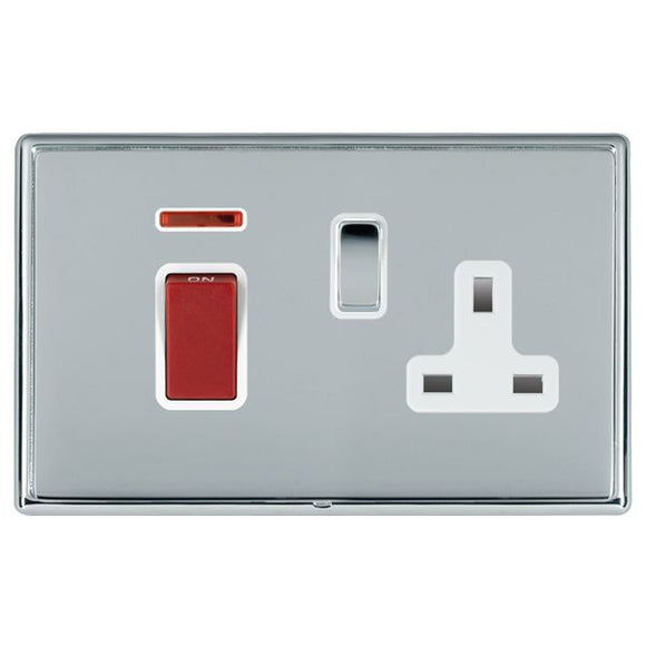 Hamilton LRX45SS1BC-BSW Linea-Rondo CFX Bright Chrome Frame/Bright Steel Front 45A Double Pole Rocker + Neon + 13A Switched Socket Red+Bright Chrome/White Insert - www.fancysockets.shop