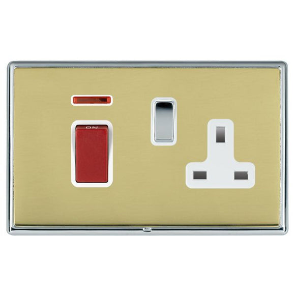 Hamilton LRX45SS1BC-PBW Linea-Rondo CFX Bright Chrome Frame/Polished Brass Front 45A Double Pole Rocker + Neon + 13A Switched Socket Red+Bright Chrome/White Insert - www.fancysockets.shop