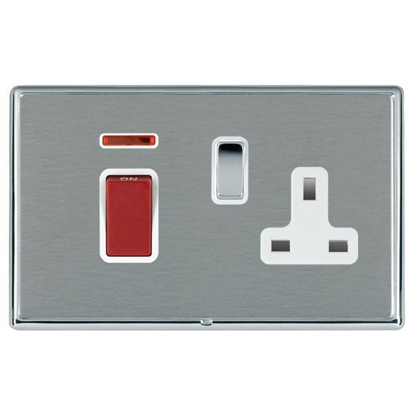 Hamilton LRX45SS1BC-SSW Linea-Rondo CFX Bright Chrome Frame/Satin Steel Front 45A Double Pole Rocker + Neon + 13A Switched Socket Red+Bright Chrome/White Insert - www.fancysockets.shop