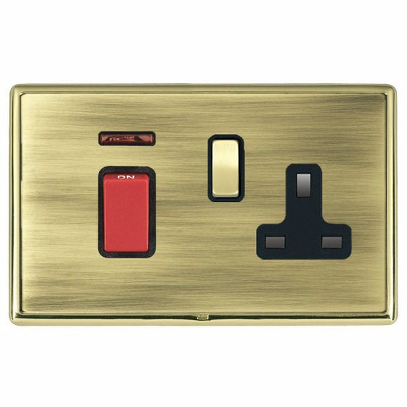 Hamilton LRX45SS1PB-ABB Linea-Rondo CFX Polished Brass Frame/Antique Brass Front 45A Double Pole Rocker + Neon + 13A Switched Socket Red+Polished Brass/Black Insert - www.fancysockets.shop