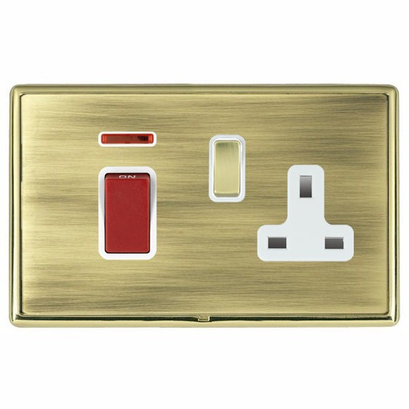 Hamilton LRX45SS1PB-ABW Linea-Rondo CFX Polished Brass Frame/Antique Brass Front 45A Double Pole Rocker + Neon + 13A Switched Socket Red+Polished Brass/White Insert - www.fancysockets.shop