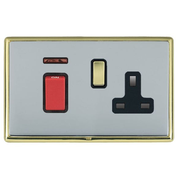 Hamilton LRX45SS1PB-BSB Linea-Rondo CFX Polished Brass Frame/Bright Steel Front 45A Double Pole Rocker + Neon + 13A Switched Socket Red+Polished Brass/Black Insert - www.fancysockets.shop