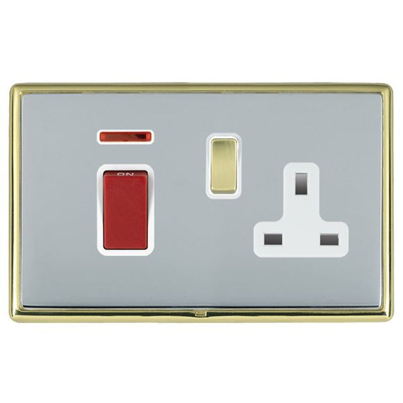 Hamilton LRX45SS1PB-BSW Linea-Rondo CFX Polished Brass Frame/Bright Steel Front 45A Double Pole Rocker + Neon + 13A Switched Socket Red+Polished Brass/White Insert - www.fancysockets.shop