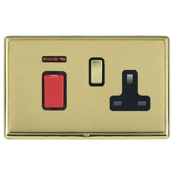 Hamilton LRX45SS1PB-PBB Linea-Rondo CFX Polished Brass Frame/Polished Brass Front 45A Double Pole Rocker + Neon + 13A Switched Socket Red+Polished Brass/Black Insert - www.fancysockets.shop