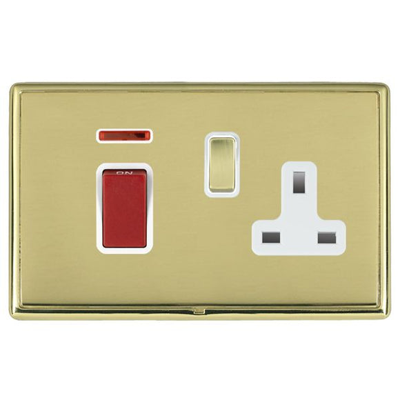 Hamilton LRX45SS1PB-PBW Linea-Rondo CFX Polished Brass Frame/Polished Brass Front 45A Double Pole Rocker + Neon + 13A Switched Socket Red+Polished Brass/White Insert - www.fancysockets.shop