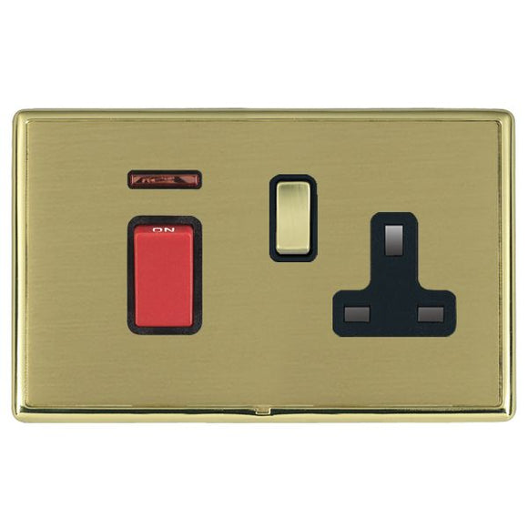 Hamilton LRX45SS1PB-SBB Linea-Rondo CFX Polished Brass Frame/Satin Brass Front 45A Double Pole Rocker + Neon + 13A Switched Socket Red+Polished Brass/Black Insert - www.fancysockets.shop