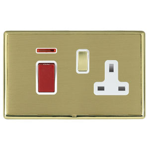 Hamilton LRX45SS1PB-SBW Linea-Rondo CFX Polished Brass Frame/Satin Brass Front 45A Double Pole Rocker + Neon + 13A Switched Socket Red+Polished Brass/White Insert - www.fancysockets.shop