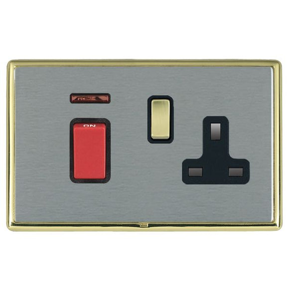 Hamilton LRX45SS1PB-SSB Linea-Rondo CFX Polished Brass Frame/Satin Steel Front 45A Double Pole Rocker + Neon + 13A Switched Socket Red+Polished Brass/Black Insert - www.fancysockets.shop