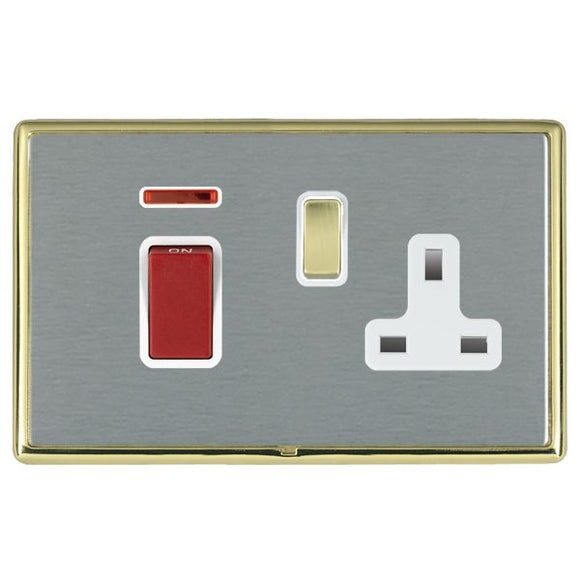 Hamilton LRX45SS1PB-SSW Linea-Rondo CFX Polished Brass Frame/Satin Steel Front 45A Double Pole Rocker + Neon + 13A Switched Socket Red+Polished Brass/White Insert - www.fancysockets.shop