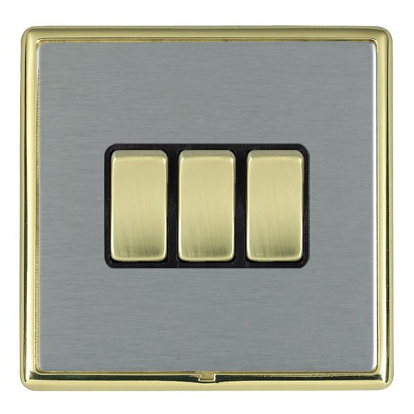 Hamilton LRXR23PB-SSB Linea-Rondo CFX Polished Brass Frame/Satin Steel Front 3 gang 10AX 2 Way Rocker Polished Brass/Black Insert - www.fancysockets.shop